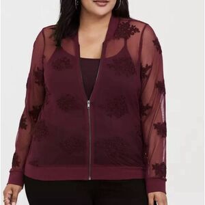 Torrid Mesh Bomber Jacket Red Burgundy Zip-Up Sheer Womens 1X Embroidered Floral